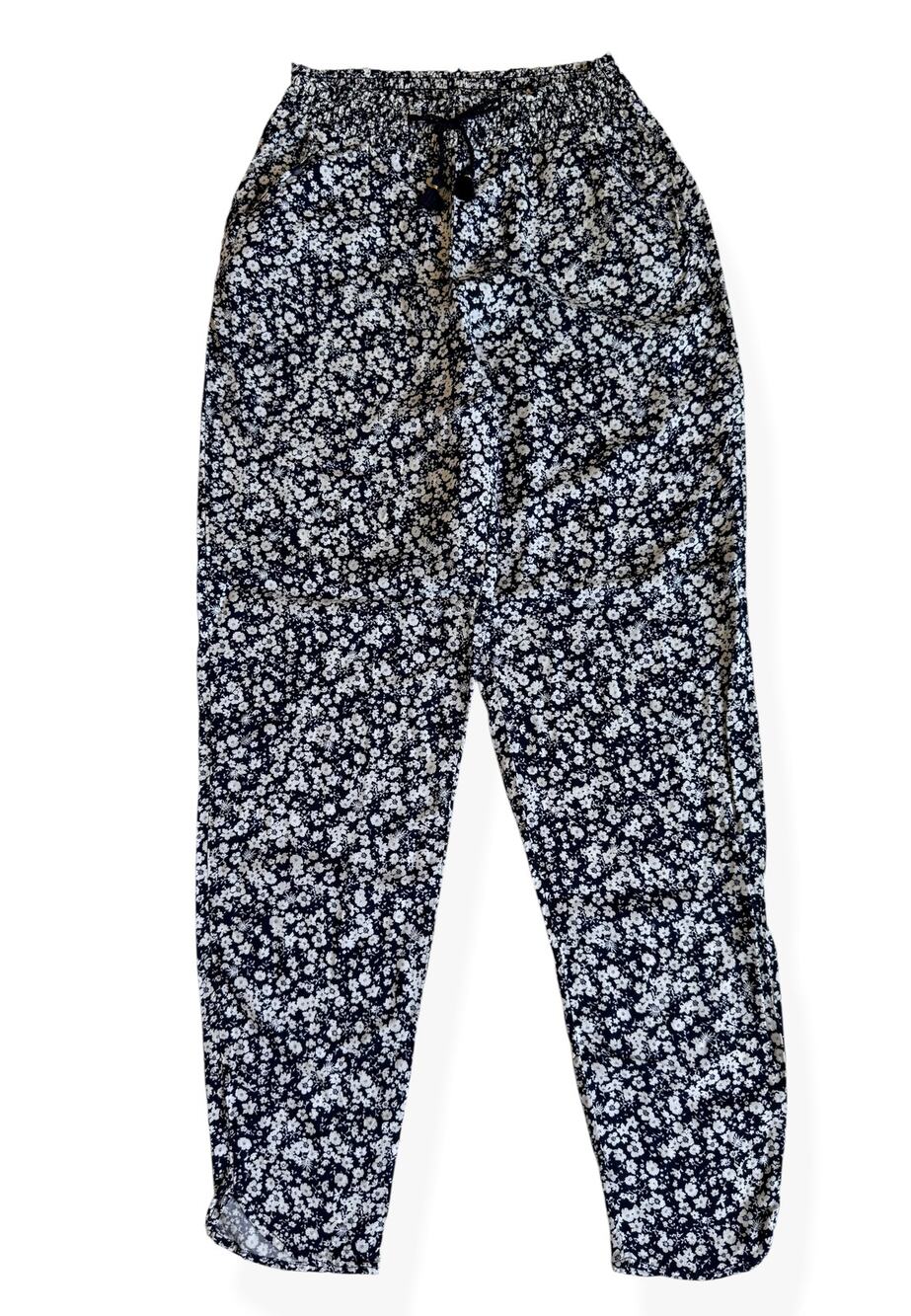 H&M Girls 11-12 Navy Floral Smocked Waist Pull-On Pants
